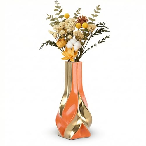 10.6" Orange and Gold Ceramic Vase, Modern Geometric Flower Vase for Dining Table Centerpiece, Elegant Decorative Vase for Pampas Grass, Living Room, Bedroom, Office, Tabletop Decoration - color: Orange Gold