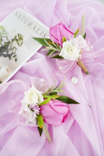 Hot Pink Corsage and Boutonniere Set for Wedding Prom, Artificial Rose Flower Homecoming Corsage Wristlet, Boutonniere for Men Wedding Suit Decor - color: Hot Pink