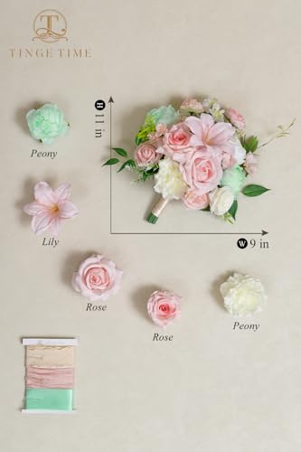 TINGE TIME Wedding Bouquets for Bride, 9 Inch Handcrafted Silk Bridal Flowers Bouquets for Wedding Ceremony, Gift for Bridesmaid, Bouquet for Party Church Decoration,and Romance Gifts (MintGreen&Pink) - color: Mint Green & Pink