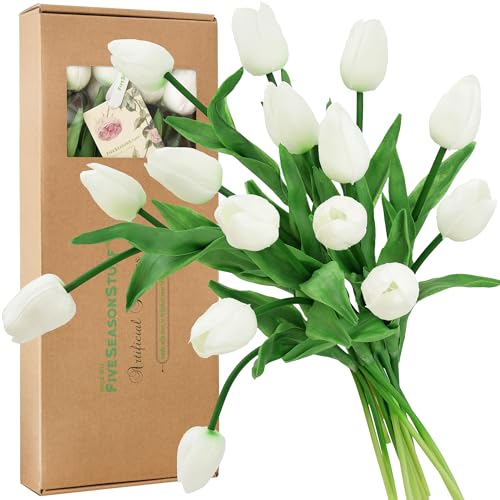 FiveSeasonStuff Real Touch Tulips Artificial Flowers – 15 Stems Faux Tulip Bouquet in Gift Box for Wedding, Home Decor, Party, Floral Arrangements (Cheerful White) - color: #1 Cheerful White
