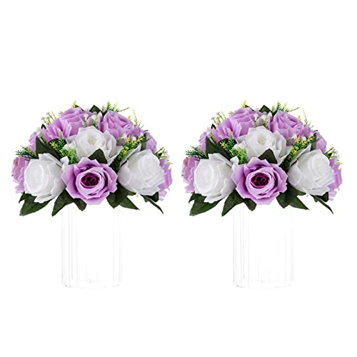 NUPTIO Lilac White Flower Balls: Artificial Rose Centerpieces for Tables | 2 Pcs 9.5 inch Fake Floral Arrangement for Wedding Birthday Party Bridal Shower Decor - color: Lilac & White, size: 2 Pcs