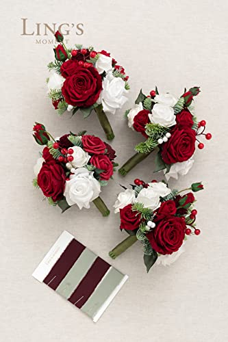 Ling's moment Artificial Bridesmaid Bouquets Set of 4,Red Wedding Flower Bouquets Floral Bouquet Christmas Bridal Bouquets with Ribbon,Ceremony,Anniversary,7-inch Diameter - color: Red-christmas Red