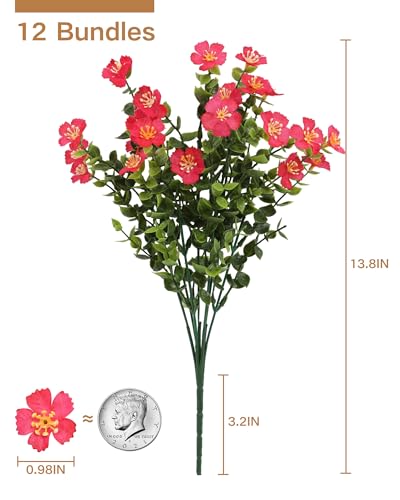 12 Bundles Fake Flowers for Porch, Artificial Plants & Flowers for Outdoor Hanging Planters, Slik Wild Rose Flowers for Christmas Home Garden Aesthetic Decor-Rusty Red - color: Rusty Red
