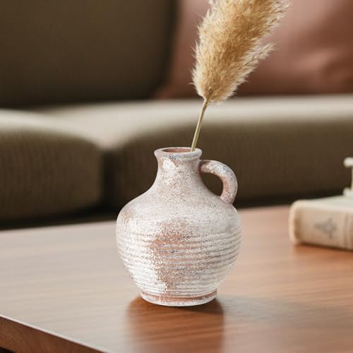 Sunddo 6 inch Rustic Ceramic Flowers Vase, Terracotta Pottery Small Vase with Handle, Farmhouse Decor,Table, Living Room, Bathroom, Shelf, Mantel Decor Brown - color: Rustic Brown - 6, size: 6 Inch