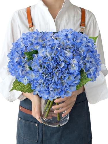 JINWOE Blue Faux Hydrangea Flowers, 3pcs 21" Latex Real Touch Spring Silk Flowers,Lifelike Artificial Hydrangeas with Stems for Porch Bouquets Wedding Home Table Centerpieces - color: Blue