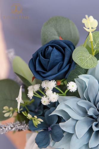 TINGE TIME 7inch Wedding Bouquets for Bridesmaid, Artificial Flowers Cascading Bridal Bouquet for Wedding (DarkBlue, Set of 4) - color: Darkblue