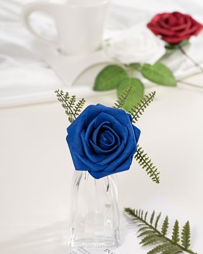 DuHouse 25Pcs Artificial Roses Flowers Fake Rose with Stems Real Touch Foam Flowers for DIY Wedding Bouquet Party Centerpiece Floral Arrangement Party Home Decor(Blue White Red) - color: Blue White Red, size: 25pcs