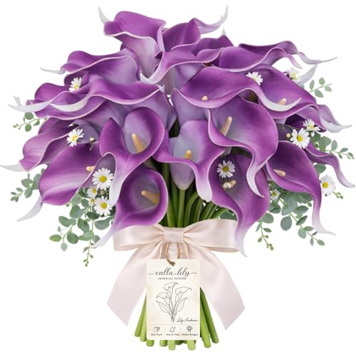 White Calla Lily Artificial Flowers 12/24/30 Pcs with Eucalyptus Leaves and Daisies, Real Touch Faux Calla Lilies Bouquet for Wedding Party Home Decor Memorial Display (Purple, 30PCS) - color: Purple, size: 30PCS
