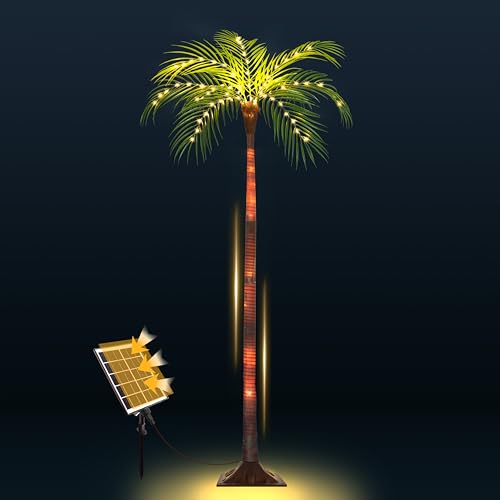 Solar Palm Tree Lights for Patio Outdoor Decoration，4.6FT Artificial Palm Tree with 110 LED Lights for Pool Tiki Bar Garden, Palm Trees with Light Up Plastic TreeTrunk and Rechargeable Remote Control