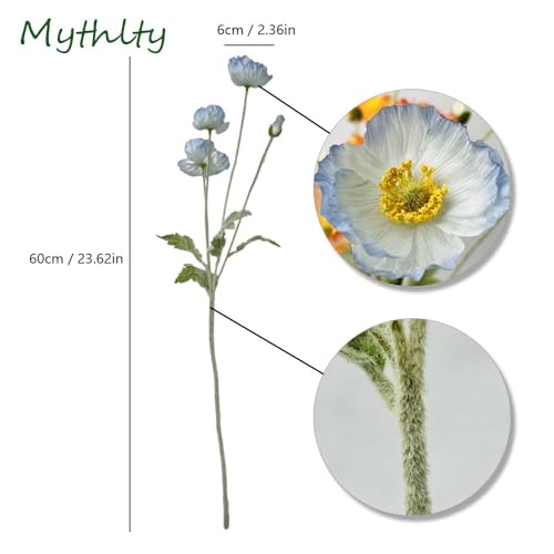 Set of 6 Light Blue Silk Poppy Flowers Artificial with Stems Silk Poppies Bouquet Faux Ranunculus Artificial Flowers for Wedding Party Home Office Indoor Decoration (Light Blue) - color: Light Blue