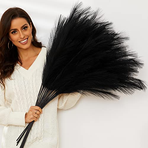 Black Pampas Grass, 9 PCS 37''/3.1FT Tall Fluffy Fake Pompas Floral, Large Artificial Pompous Grass Branches for Floor Vase Fillers, Boho Farmhouse Room Wedding Decor (Black) - color: Black