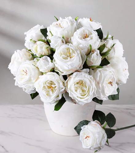 florisso White Austin Rose Faux Flowers - 13 Branches Silk Austin Roses for Home Decor, Wedding Arrangements & Vase Accents (Artificial Floral) - color: Austin-white
