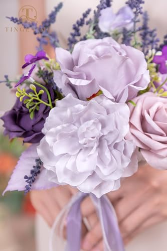 TINGE TIME 7 Inch Artificial Flowers Wedding Bouquets for Bridesmaid, Set of 4, Lavender Bride Tossing Bouquet for Rustic Wedding Ceremony Bridal Shower Rehearsal Dinner Vintage Party - color: Lavender