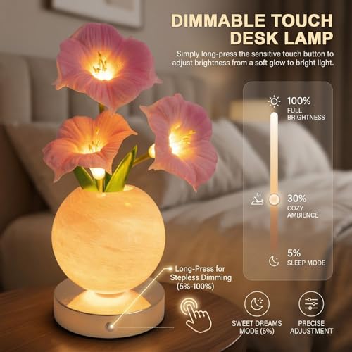 Flower Table Lamp, Rechargeable Cordless Touch Dimming Artificial Morning Glory Flower Desk Lamp, LED Flower Bedside Night Light Romantic Gifts for Girl Women Mom (Pink Morning Glory) - color: Pink Morning Glory