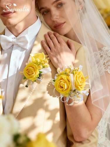 Serwalin Yellow Prom Corsage and Boutonniere Set, Artificial Calla Lily & Rose Wrist Corsage Wristlet for Homecoming, Formal Dance, Wedding Flowers Accessories Party Suit Decorations - color: Yellow