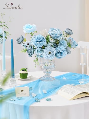Serwalin Artificial Flowers,Blue Silk Fake Flowers Box for DIY Wedding Bridal Bouquet, Wedding Cake Flowers for Table Centerpieces Birthday Party Bridal Shower Home Decorations - color: Blue, size: 1 Box