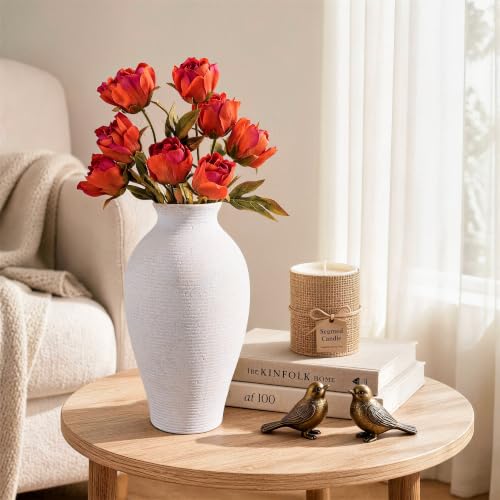 Ceramic Flower Vase Home Decor, 11 in Farmhouse Table White Vases Rustic Vintage Living Room Kitchen Bedroom Decorations Pottery Decorative Vases for House Shelf Office Coffee Desk Dining Fireplace - color: 11 in - White