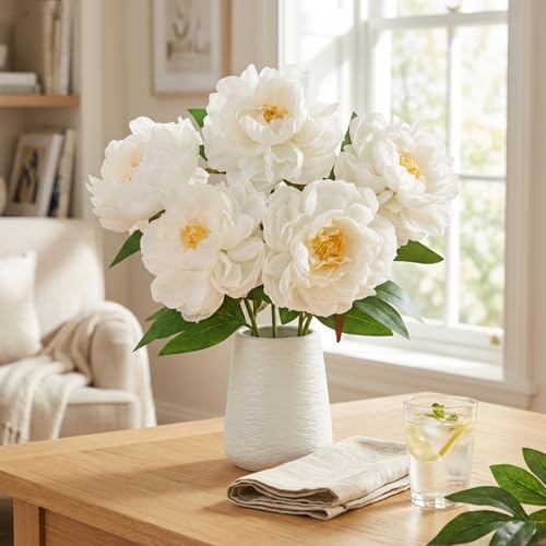 Fake Flowers White Peonies 16 Inch 6 PCS Bulk White Peony Artificial Flower Stems Faux Silk Peonies Flowers for Vase Floral Arrangements Real Touch Peony for Home Table Centerpiece Shelf Decor