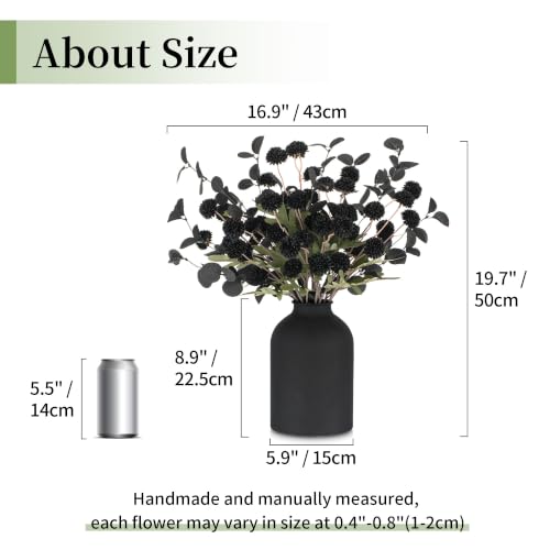 BLOSMON Black Flowers Artificial for Table: Metal Vase with 12 Stems of Fake Mums Eucalyptuses Centerpieces for Dining Room - Faux Silk Pom Poms Floral Arrangements Black Kitchen Home Decor Indoor - color: Black Kiku