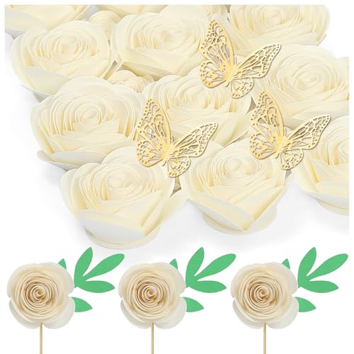 Mverse 3D Mini White Roses Artificial Flowers, Mini Paper Flowers Decorations for Custom Shadow Box Frame, Handmade Crafts DIY Gift (18 Pieces, Milky) - color: 05- Milky