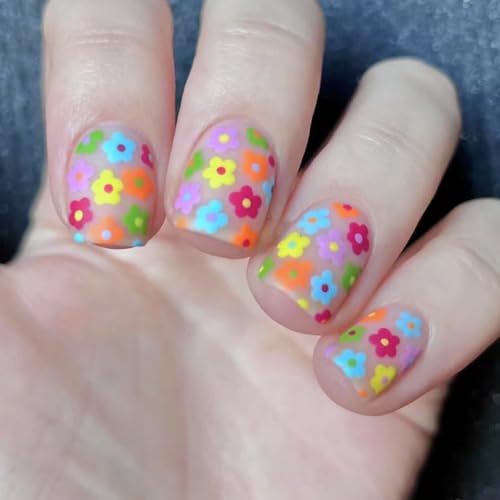 Flower Press on Nails Short Square Fake Nails Nude False Nails with Cute Colorful Flowers Designs Full Cover Stick on Nails Glue on Nails Nails Acrylic Nails for Women Girls 24 Pcs - color: Flower Square36