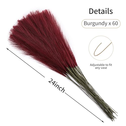 Wertuirk Faux Burgundy Pampas Grass - 60pcs 24 Inch Artificial Pampas Grass Decor Tall, Fake Pompas Grass for Vase Filler, Table Centerpieces, Wedding, Party and Home Decor (Burgundy, 60 Pieces) - color: Burgundy, size: 60 Pieces