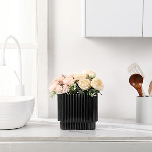 Black Ceramic Vase for Flowers, Decorative Boho Vase for Decor, Rectangle Vases for Tulips, Pampas Grass Vases for Living Room, Office, Mantel, Wedding, Dining Table, 7 Inches - color: Black, size: Medium Rectangle