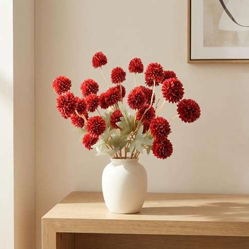 Mandy's 6 Stems Silk Red Kiku Ball Flowers | Artificial Chrysanthemum Stems for Home Summer Décor Realistic Faux Floral Arrangement Minimalist Elegant Style - color: Red