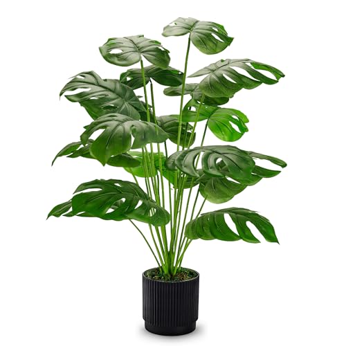 Der Rose 28" Black Pot Fake Monstera Plants, Large Artificial Potted Plants for Indoor & Outdoor Floor Front Porch Modern Decor - size: 28"-BLACK
