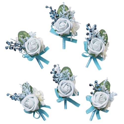 6Pcs Blue Artificial Foam Rose Men Boutonnieres for Wedding Prom | Blue Faux Foam Rose Boutonnieres for Wedding Prom Groom Groomsmen Party Homecoming Graduation Suit Decoration - color: 6pcs Blue-b Boutonniere