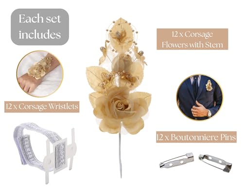 Set of 12 Artificial Silk Organza Craft Rose Flower, 12 Corsage Wristlet, 12 Pin Back DIY Boutonnieres for Wedding, Bridesmaids, Groomsmen, Quinceanera, Prom, Sweet 16 (Champagne) - color: Champagne