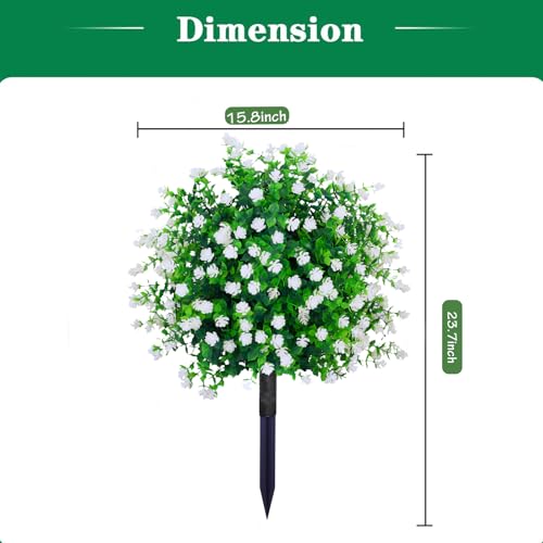 THKFUL Artificial Flower Topiary Ball Trees Outdoor Set of 2 - White Boxwood Ball Fake Plants with Ground Spike,23" Realistic Faux Shrubs UV Resistant for 4th of July Front Porch Window Box Decor - style: White