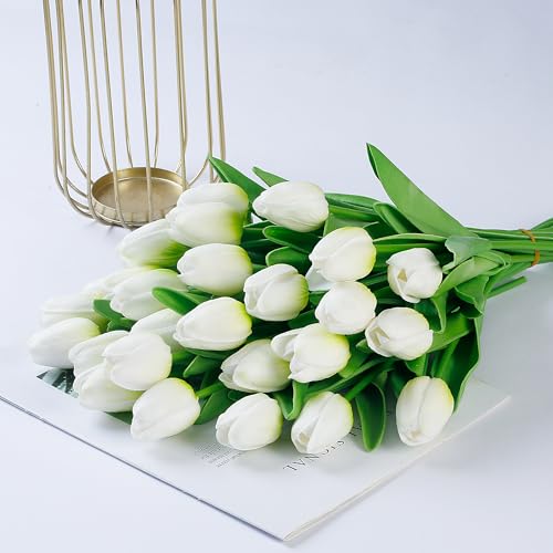 Sggvecsy 30 Pcs Fake Tulips Artificial Flowers Real Touch PU Faux Flowers Tulip Stems for Wedding Spring Bouquet Floral Arrangement Home Party Office Decorations for Mother's Day (Green White) - color: Green White, size: 30 Pcs