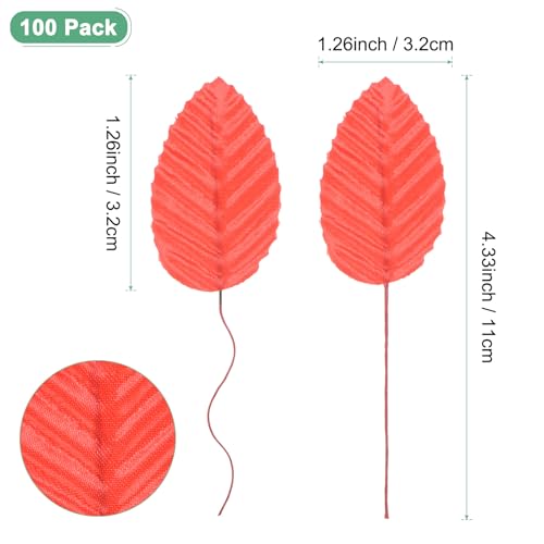 M METERXITY 100-Pack Artificial Silk Leaf, Faux Wire Single Leaves, Fake Flower Leaf with Stem for DIY Bouquet/Wreaths/Wedding/Garland/Party Decorations, Fake Rose Craft Leaves [Red] - color: Red