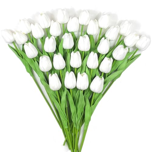 30 PCS Artificial Tulips Real Touch Tulips 13.5inch Long Stem Fake Flowers Silk Flowers for Spring Easter Mother's Day Decorations（White） - color: White