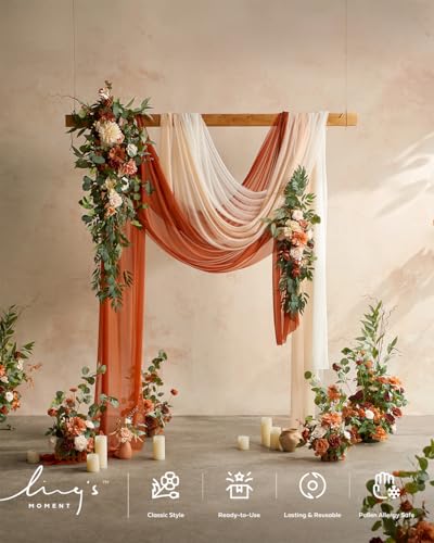Ling's Moment 36" Tall Fall Free Standing Artificial Flowers Arrangements 2 pcs Wedding Arch Altar Stage Decorations Sunset Terracotta For Ceremony Reception Church Backdrop Outdoor Aisle Floral Party - color: Or-terracotta & Orange