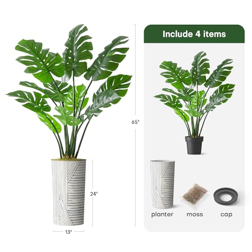 Artificial Tree in Geometric Pattern Planter, Fake Monstera Silk Tree for Indoor and Outdoor Home Decoration - 65" Overall Tall (Plant Pot Plus Tree) - style: Monstera Plant