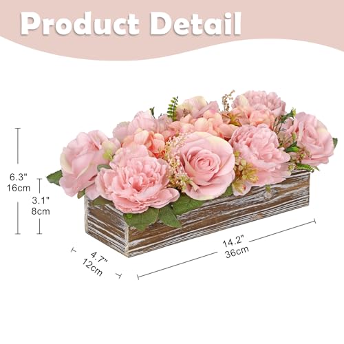 Flower Arrangement with Wooden Vase 14" Artificial Flowers in Pot - Fake Flowers Roses Peonies Hydrangeas in Wooden Vase Potted Artificial Flower Centerpieces for Table Decor Living Room - Dusty Pink - color: 14"l Dusty Pink
