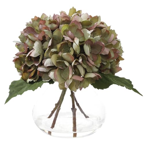 Green Artificial Hydrangea Flowers with Glass Vase, Faux Floral Arrangements with Fake Water, Lifelike Hydrangeas Table Centerpieces for Dining Room, Coffee Table, Bathroom Decor - color: D-green