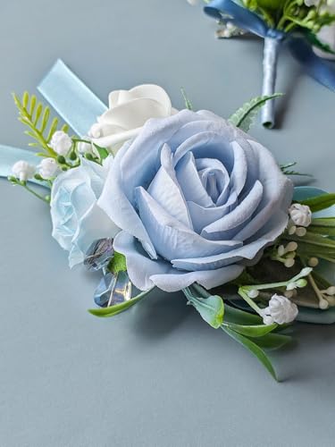 Corsage and Boutonniere Set with Blue Roses for Bride, Groom, Bridesmaids Groomsmen Weddings, Proms, Homecomings. Perfect Party Suit Decor Wedding Flowers Accessories (Blue) - color: Blue