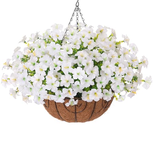 INSPRING Artificial Faux Hanging Flowers Plants Basket for Outdoors, UV Resistant White Fake Silk Morning Glory Realistic Petunia Outdoor Hanging Flowers for Outside Patio Porch Garden Home Decor - color: White