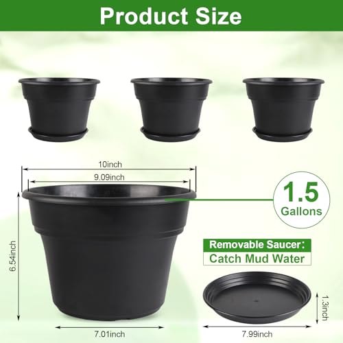 Myfeegoin 10-inch-Plant-Pots-Indoor-Outdoor, 4 Pack Plastic Planters with Drainage Holes & Saucers, Resin Flower Pots with Trays, Classic Garden Pot Container for House - color: Black, size: 10inch