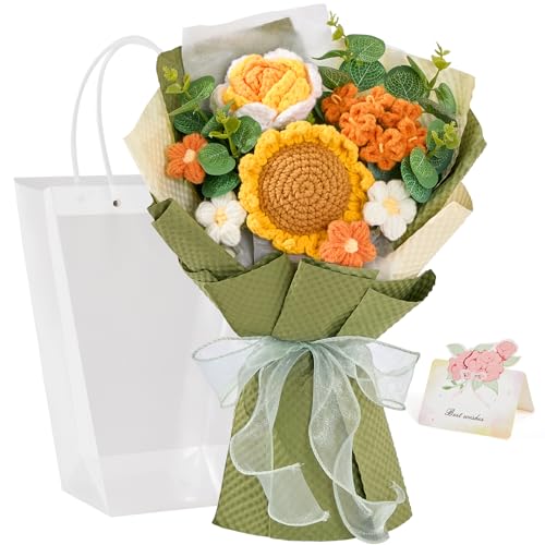 Alecono Crochet Flower Bouquet, Knitted Sunflower Flowers, Green Handmade Bouquet of Flowers for Lover Anniversary Birthday Party Mother's Day Graduation Gifts (Include Card) - color: Green