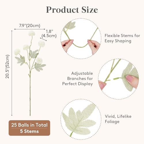Lifewit 5 Pcs White Artificial Flower for Vase, Faux Silk Mums Ball with Long Stems for Home Decor, Wedding, Bulk Fake Small Chrysanthemums for Floral Arrangement, Pom Pom for Bouquets Centerpieces - color: White