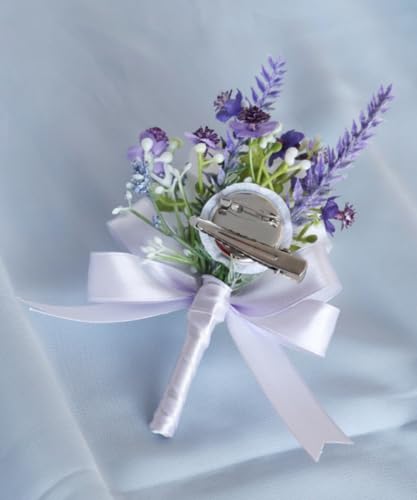 Ting & Cecilly Lavender Rose Wrist Corsage Wristlet Band Bracelet and Men Boutonniere Set for White Wedding Flower Accessories Prom Suit Decorations