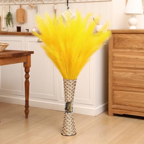Wertuirk Yellow Pampas Grass, 8 Pcs 45 Inch Tall Large Faux Pompous Grass, Long Artificial Flowers for Floor Vases, Wedding Centerpieces, Baby Shower and Home Decoration (Yellow) - color: Yellow