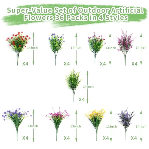 36 Bundles Artificial Flowers for Outdoors UV Resistant, Artificial Flowers Outdoor Decoration, No Fade Faux Fake Flowers Greenery Shrub Plants for Garden Home Front Porch Window Hanging Decor - color: Red+rose Red+purple+yellow, size: 36 Bundles
