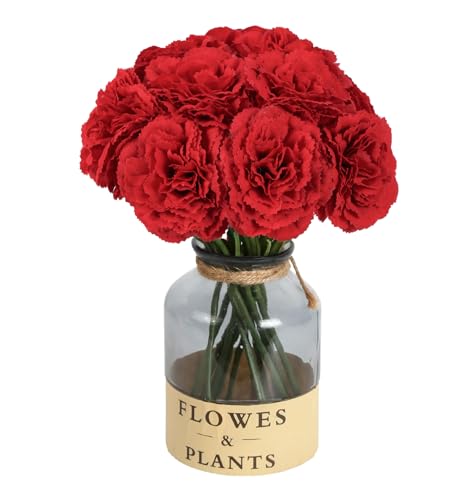 IPOPU Red Carnation Flowers Artificial 10PCS Fake Carnations Silk Flowers with Stems 11.4" Artificial Red Flowers for Bridal Shower Decorations Wedding Centerpieces for Tables Home Party - color: Red