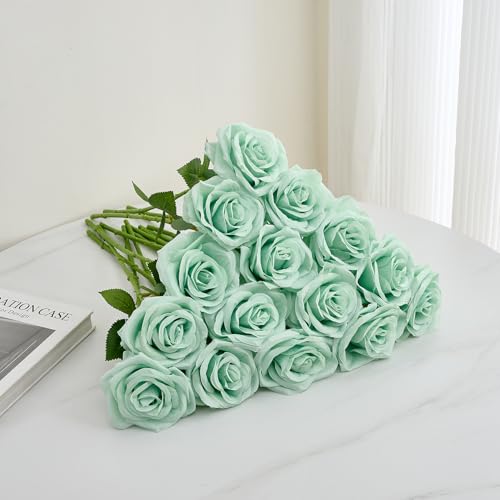 15pcs Fake Roses Artificial Silk Flowers Faux Rose Flower Long Stems Bouquet for Arrangement Wedding Centerpiece Party Home Kitchen Decor - color: 15pcs Sage Green