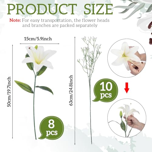 Giegxin 18 Pcs Easter Artificial White Lilies with Baby's Breath, Latex Fake Tiger Lily Bouquet for Easter Spring Home Church Wedding Decorations, Faux Gypsophila Floral Arrangement - color: White, style: Lily, Babys Breath